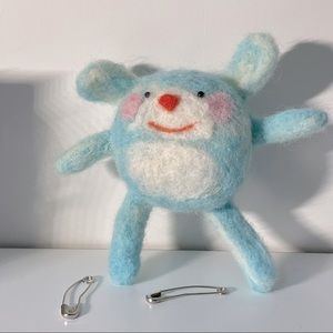 Felting Sky Blue Cute Smiling Rabbit Mini Tiny Plushy Decoration Brooch Pin
